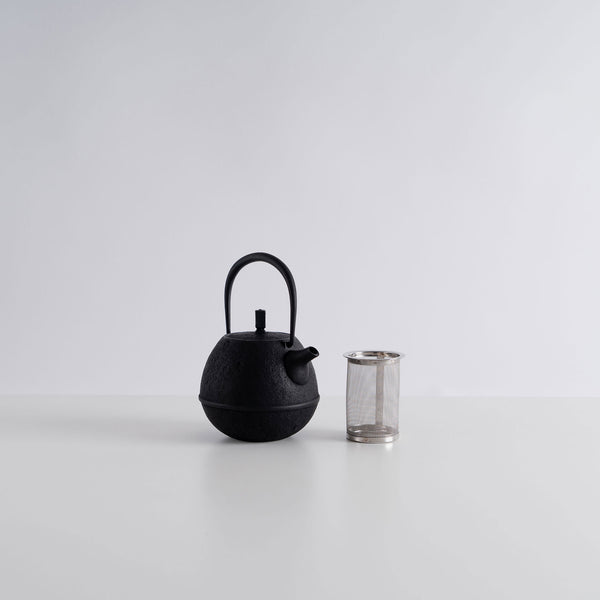 A nambu tekki cast iron teapot with its filter next to it