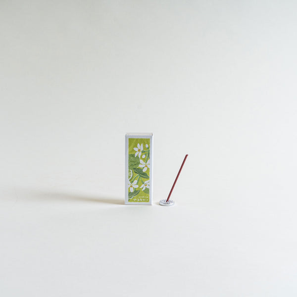 A slender box with a green design of bergamot fruits and leaves stands upright on a light background, next to a single red incense stick resting in a small holder.