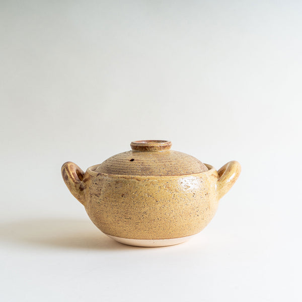 Nagatani-en Miso-Shiru Donabe with a speckled texture, showcasing its sturdy handles and lid