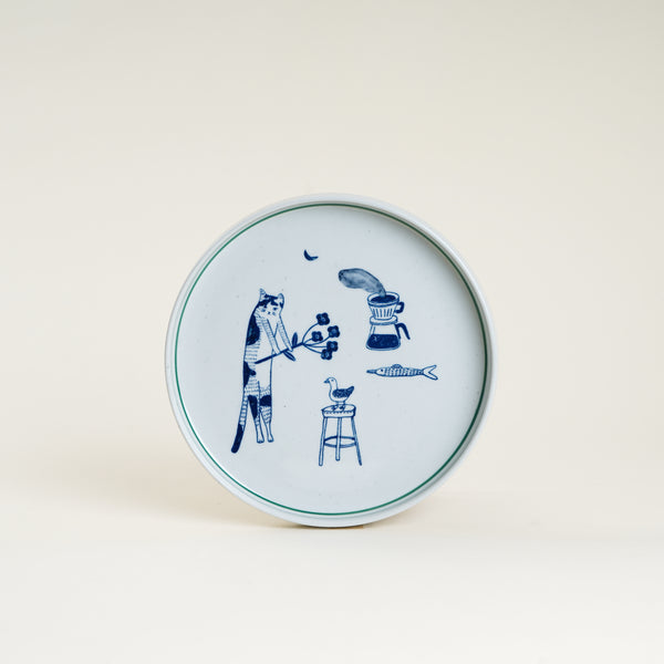 7" Yeogi-Damki Hand-Painted Plate - Cat & Coffee