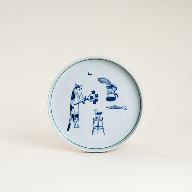 7" Yeogi-Damki Hand-Painted Plate - Cat & Coffee