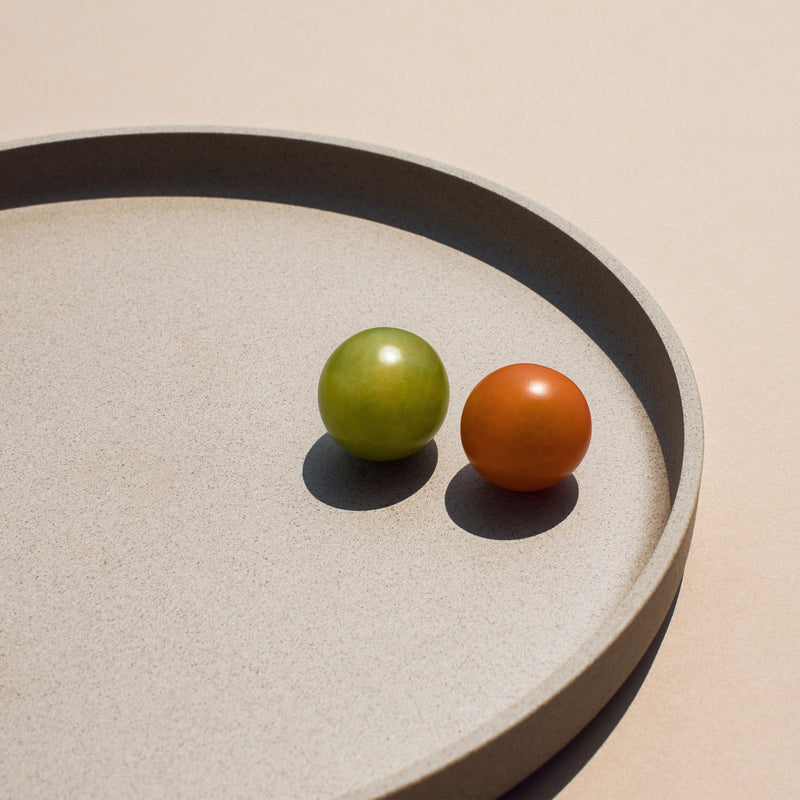 Two tomatoes on a 10" Hasami Porcelain Plate in Natural - Mogutable