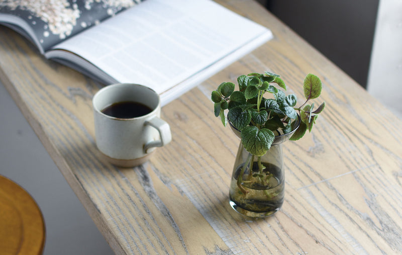A Kinto small Aqua Culture Vase, a book, a coffee mug on a wooden table